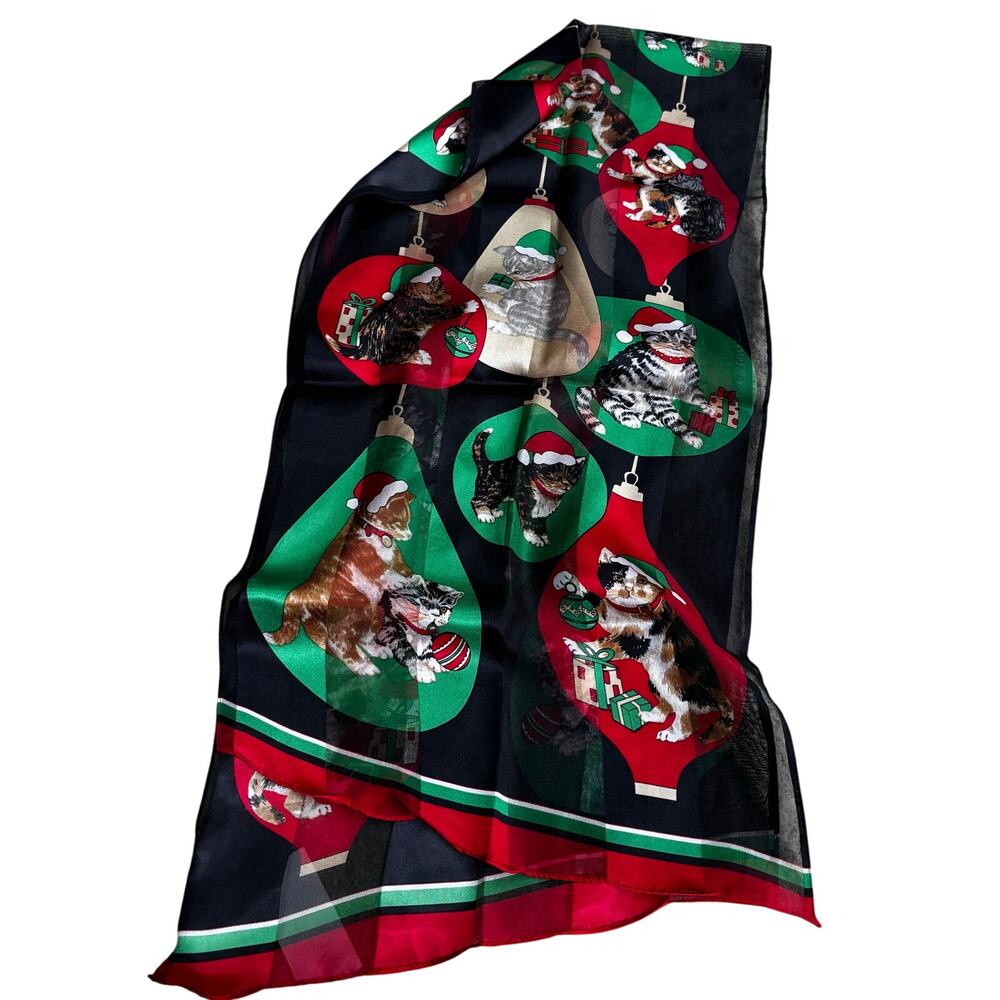NWT Christmas Cats scarf burnout stripes novelty black red green kitty kittens